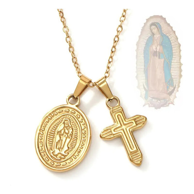 Collar Dije Cruz Medalla Virgen De Guadalupe Acero Inoxidable Dorado Joyeria Hombre Mujer Mamá Regalo | Meses sin interés