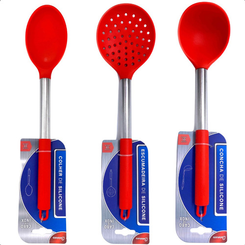 Kit 3 Utensílios Cozinha Silicone E Cabo Em Inox Talheres