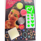 Kit Maquillaje Mix Fluo Gliter Pasta Sticker Stencil Corazon