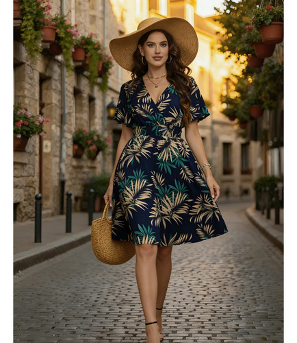 Vestido Estampado Tropical Cuello En V Manga Corta | Meses sin interés