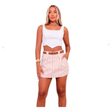 Shorts Saia Alfaiataria Estampa Listrado Com Bolso Cinto