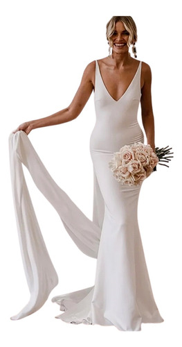 Vestido Longo Noiva Cartorio Civil Branco Sereia Decote V Ma