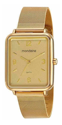 Relogio Mondaine Feminino Dourado Quadrado Grande Malha Aço