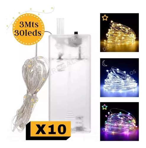 Cable Hilo Alambre Luz Led X10 Multicolor 3mts A Pilas