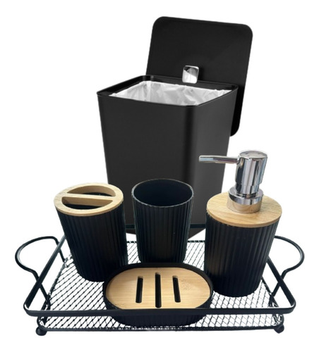 Kit Banheiro Preto Acessorios Para Lavabo Lixeira Luxo