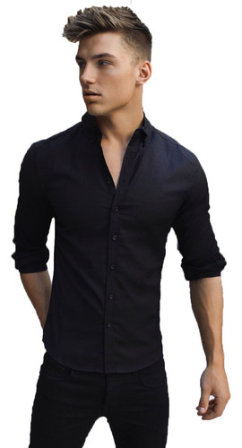 Camisa De Hombre Entallada, Elastizada - Slim Fit - Negra.