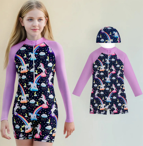 Traje De Baño Para Niñas Unicornios Manga Larga Con Gorro