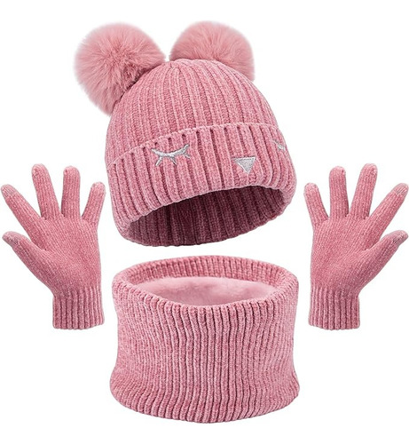 Practico Guantes Para Frio Niña Gorro Y Bufanda Rosa Calenta