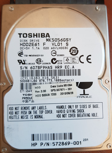 Disco Rígido Sata Toshiba 500 Gb 7200 Rpm