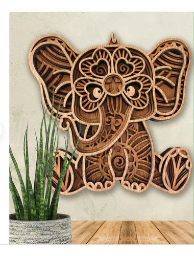Cuadro Decorativo Elefante Bebe Mandala En Madera 