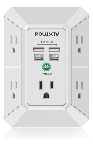 Enchufe Inteligente Marca Powsav/5 Tomas/4 Usb/blanco