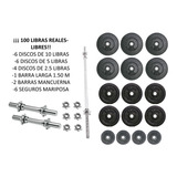 Kit 100 Libras En Discos Libres+ Barra1.50+ Barras Mancuerna