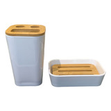 Kit De Baño Vaso Porta Cepillo De Dientes + Jabonera Bambú