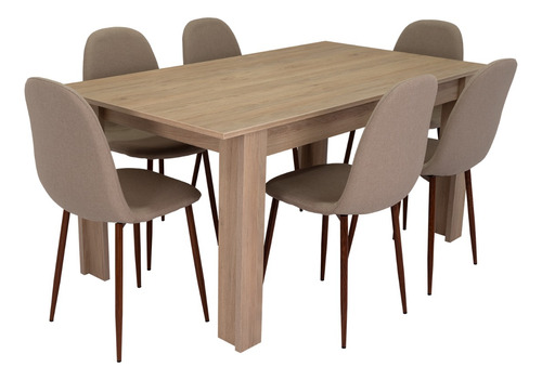 Mesa Comedor  +  6  Sillas Sin Brazo - Rovere/ Café Claro