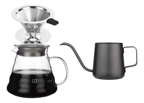 V60/02 Acero Inoxidable + Servidor 600ml + Jarra Negra 350ml