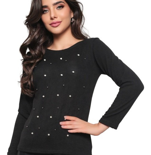 Blusa Feminina Manga Longa Frio Lanzinha Detalhes Perolas