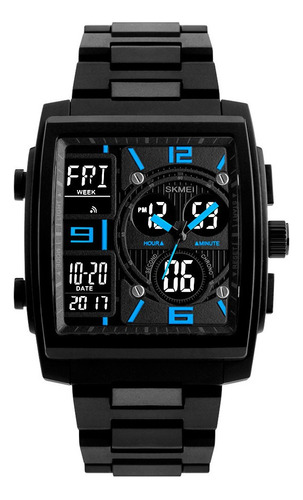 Reloj Hombre Skmei 1274 Digital Alarma Cronometro Elegante Malla Negro Bisel Negro Fondo Azul