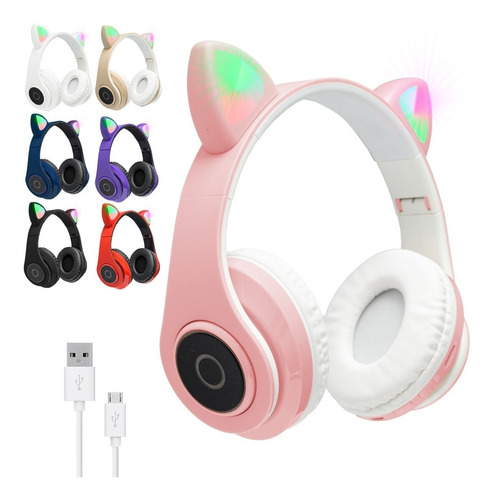 Auriculares Oreja De Gato Gamer Bluetooth Luz Led Neko Usb Color Rosa