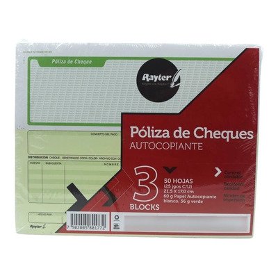 Poliza De Cheques Autocopiante Rayter Con 50 Hojas 3 Piezas | MercadoLibre