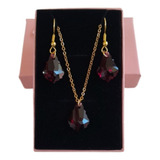 Conjunto Swarovski Baño De Oro 18kl Aros Y Collar Ruby