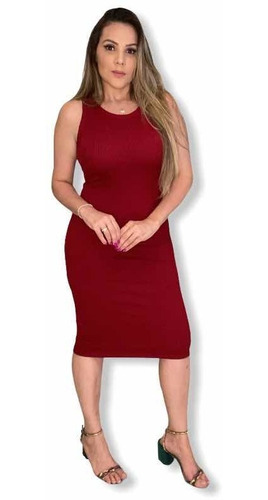 Vestido Midi Justo Tubinho Malha Canelada Regata