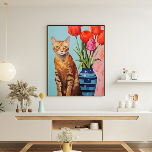 Quadro Decorativo Grande Sala Quarto 90x60 Gatos E Flores