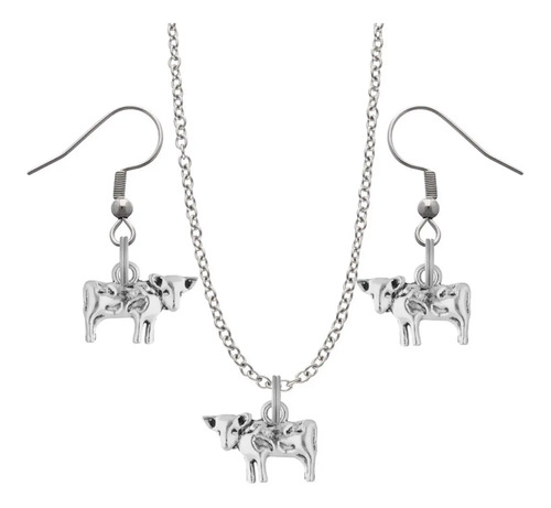 Kit Collar Y Aretes Vaca Animal Granja Dije Cadena Acero