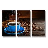 Quadro Decorativo Cozinha Xicara Azul Café Grãos 3 Pçs 20x30