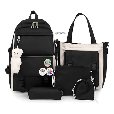 Set de 5 Mochilas Escolares Quanna de Nailon para Adolescentes en Negro | Envío gratis