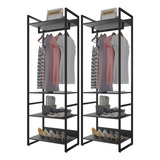 Kit 02 Closets Guarda Roupa Modulado 210x70 Cm Blind Preto