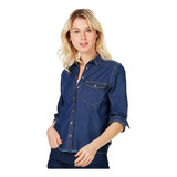 Camisa Jeans Feminina Manga Longa Com Bolso