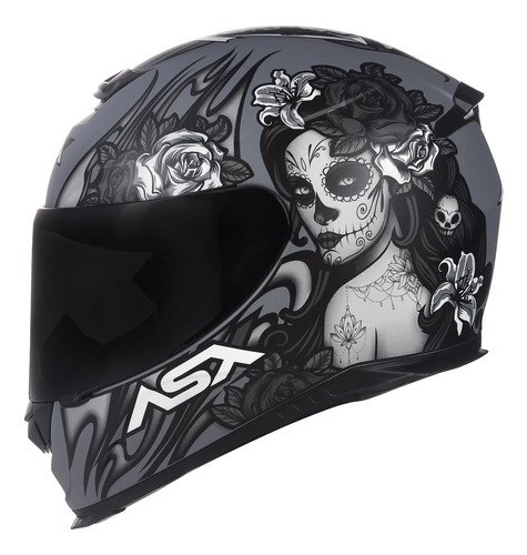 Capacete Asx Lady Catrina Caveira Preto Fosco + Viseira Fumê