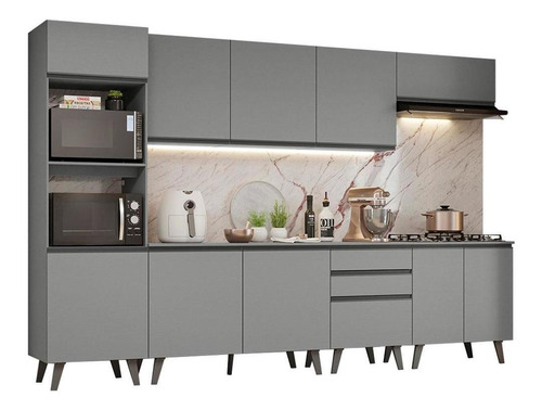 Armário De Cozinha Completa 320cm Cinza Madesa Nice 06