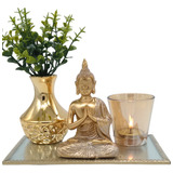 Buda Tibetano Vaso Bandeja E Porta Vela Kit Luxo Decor Sala