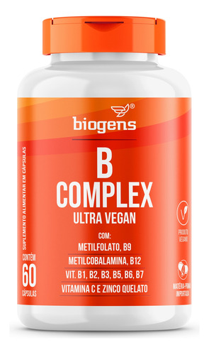 Complexo B Vegano 60cps, B Complex, Até 500% Vd, Biogens