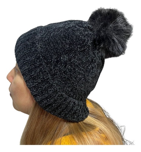 Gorro De Lana Con Chiporro Pompón Tejido Chenille Invierno