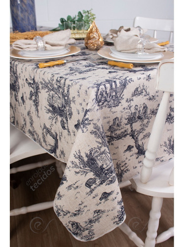 Toalha De Mesa Em Linho Toile De Jouy 3,5m X 1,5m 10 Lugares