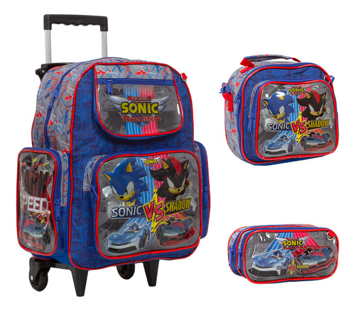 Kit Mochila Infantil Rodinha Sonic Shadow Game Tam G 3 Peças