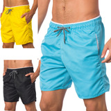 Kit 3 Short Calção Masculino Tactel Grosso Curto Liso Praia 