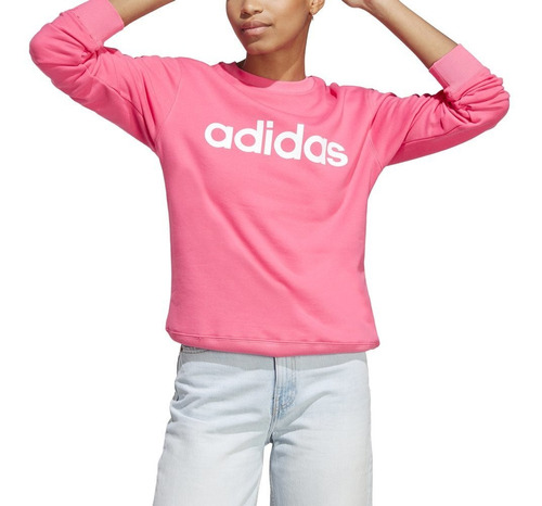 Moletom adidas Feminino Logo Linear Gola Redonda Rosa Pink