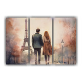 90x60cm Cuadro Torre Eiffel Y Pareja Bastidor Madera Flores