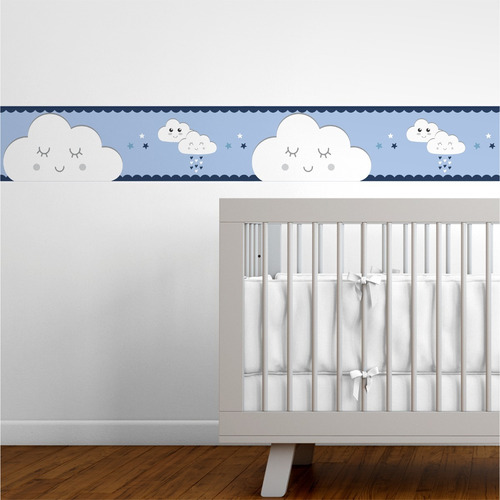 Faixa Decorativa Infantil Papel De Parede Nuvem Azul Branco