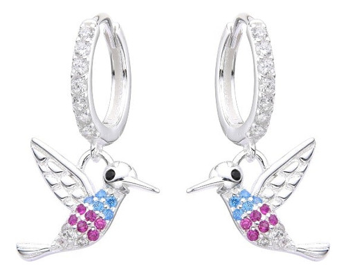 Aros Aritos Argollas Con Dije Colibri Multicolor Plata 925