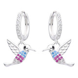 Aros Aritos Argollas Con Dije Colibri Multicolor Plata 925