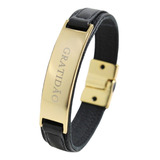 Pulseira Gratidão Couro Preto Metal Dourado Magnético