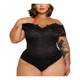 Body Renda Plus Size Decote Tule Feminino Manga Curta