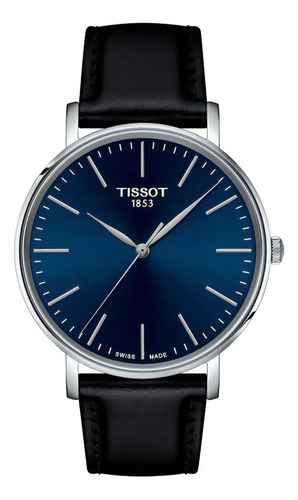 Reloj Tissot Everytime Gent Para Hombre De Cuero Negro Ss Color Del Bisel Plateado Color Del Fondo Azul