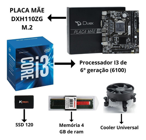 Computador Pc Intel I3 4gb Ddr4 120 Ssd 6 Geração Win10 Pro