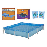 Kit Piscina 1500 Litros + Capa E Forro + Boia De Braço Azul