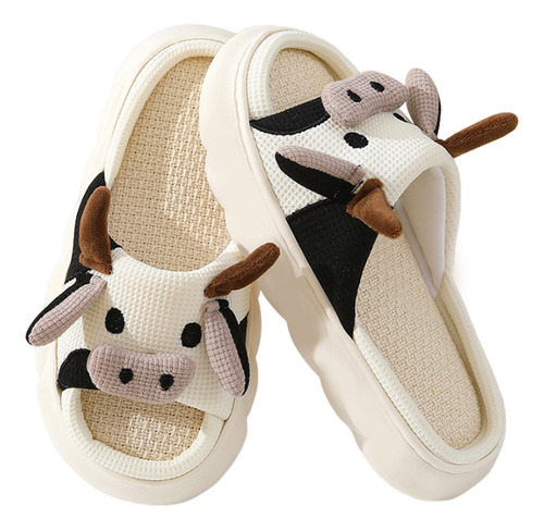 Cute Cartoon Cow Slippers Algodón Zapatillas Pareja Lino